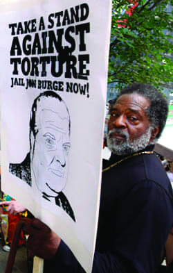 Jon-Burge-torture-trial-rally-at-Chicago-City-Hall-052410-by-AP-WideWorldPhotos, Trial of police torturer Jon Burge: POCC Minister of Information JR interviews POCC Chairman Fred Hampton, News & Views 