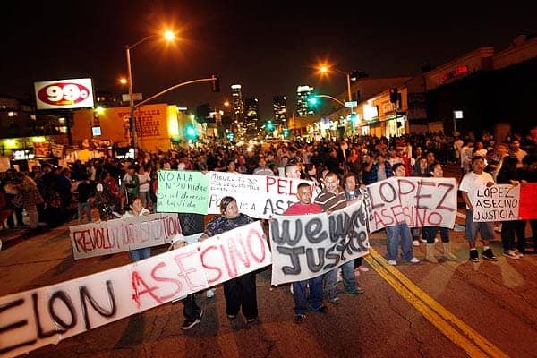 LA-protest-cop-murder-of-Manuel-Jamines-0910-by-Cop-Watch-LA, Rebellion in LA after Rampart police murder indigenous man, News & Views 