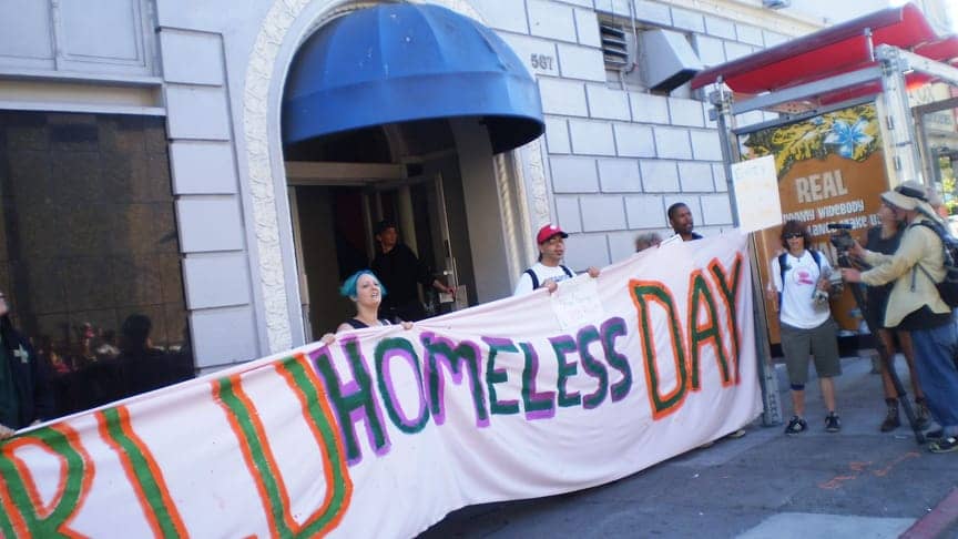 World-Homeless-Day-banner-James-Keys-at-Leslie-Hotel-567-Eddy-SF-1010101, World Homeless Day: San Francisco’s Leslie Hotel takeover, Local News & Views 