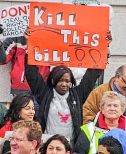 Madison-Wisc.-Protester-‘Kill-this-bill’-021611-by-Bryan-G.-Pfeifer-Workers-World, Tens of thousands liberate state Capitol in Madison, News & Views 