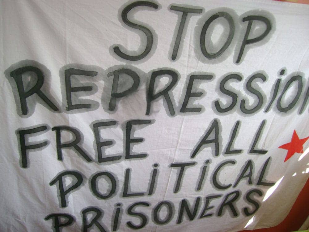 Banner-Stop-repression-Free-all-political-prisoners, Systematic injustice against Sundiata Acoli, Behind Enemy Lines 