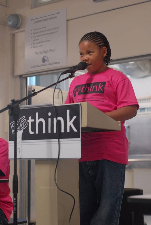Rethink-New-Orleans-Schools-news-conf-girl-speaker-072111-by-Andy-Cook, New Orleans young Rethinkers take on ‘Candy Bars, Prison Bars’, News & Views 