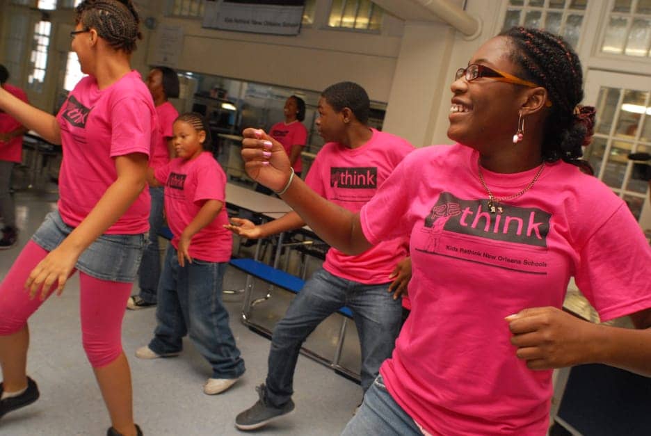 Rethink-New-Orleans-Schools-news-conf-kids-dance-exercise-072111-by-Andy-Cook, New Orleans young Rethinkers take on ‘Candy Bars, Prison Bars’, News & Views 