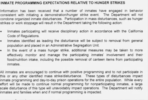 CDCR-memo-threatening-hunger-strikers-c.-0928111, Hunger strike Round 2, Day 3: 6,000 on strike, threats from CDCR, Behind Enemy Lines 