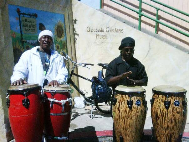Jerome-Collins-James-Hawkins-play-congas-at-Quesada-Gardens-mural, 1966 Hunters Point Rebellion: Recollections of Harold Brooks and Thomas Fleming, Local News & Views 