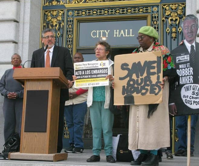 Supervisor-John-Avalos-Vivian-Richardson-Ross-Rhodes-Kathryn-Galves-rally-before-foreclosure-moratorium-hearing-040212-by-Occupy-Bernal, San Francisco Board of Supervisors unanimously passes foreclosure moratorium resolution, Local News & Views 