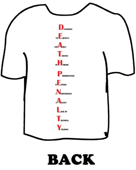 Dellano-Clevelands-T-shirt-back, Death row prisoner designs T-shirt, Abolition Now! 