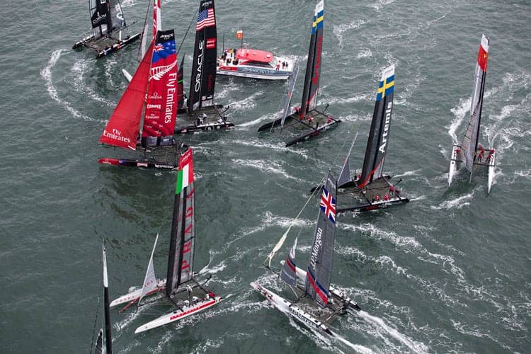 America’s-Cup-boats-on-SF-Bay-082512-2-by-c-2012-Gilles-Martin-Raqet-ACEA, Ships ahoy! America’s Cup overflows $1 billion or more, Culture Currents 