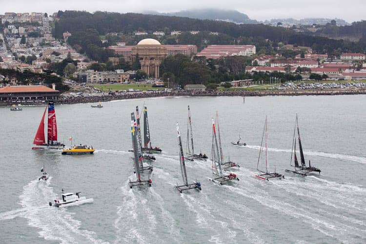 America’s-Cup-boats-on-SF-Bay-082512-by-c-2012-Gilles-Martin-Raqet-ACEA, Ships ahoy! America’s Cup overflows $1 billion or more, Culture Currents 