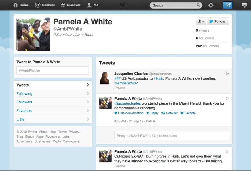 US_Amb_to_Haiti_Pamela_White_tweet_3_092112, Outsiders EXPECT burning tires in Haiti ... not accurate reporting, World News & Views 