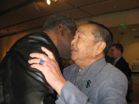 Elbert_Big_Man_Howard_Richard_Aoki_embrace_at_Merritt_College_Home_of_the_Black_Panthers_premiere_0109, Richard lives! More thoughts on my friend, Richard Aoki, Local News & Views 