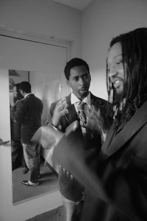 Black-Media-Appreciation-Night-Kevin-Epps-Kevin-Weston-Yoshis-backstage-dressing-room-bw-112612-by-Pendarvis-Harshaw, Wanda’s Picks for December 2012, Culture Currents 