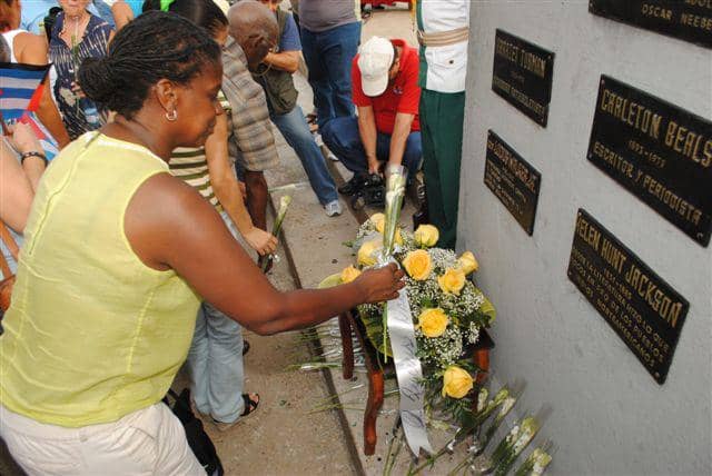 IFCO-Co-Director-Gail-Walker-at-Rev.-Lucius-Walker-plaque-Havanas-Anti-Imperialist-Plaza-2012-Peace-Caravan, IRS attacks Cuba-supporting IFCO for fiscally sponsoring Viva Palestina, World News & Views 