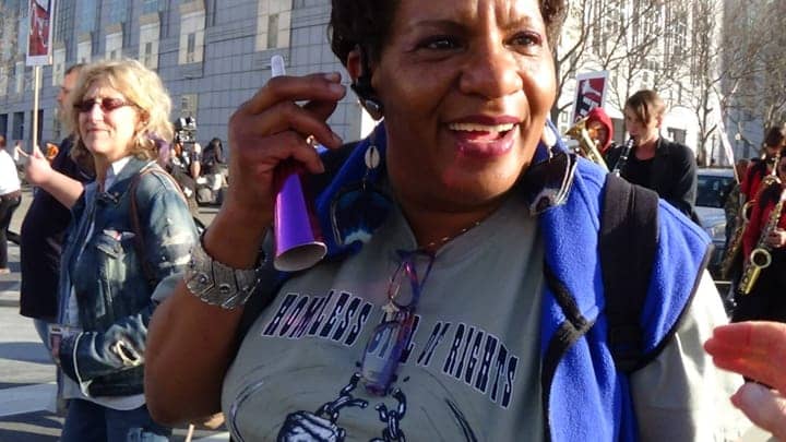 Homeless-Day-of-Action-marcher-getting-her-groove-on-011714-by-Carol-Harvey-web, California Homeless Bill of Rights: ‘We’re coming back and back till we get this thing!’, News & Views 