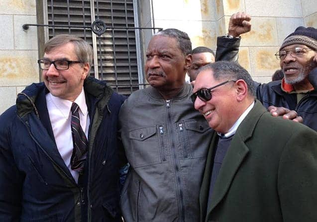 Marshall-‘Eddie’-Conway-freed-leaving-courthouse-w-attorneys-Robert-Boyle-Phillip-G.-Dantes-030414-by-Laura-Whitehorn, Political prisoner Marshall Eddie Conway released after 44 years, Abolition Now! 
