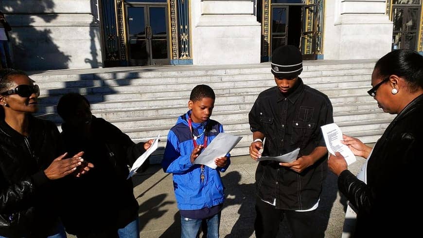 Sabrina-Carter-and-sons-sing-spirit-at-City-Hall-031114-by-PNN, The new Freedom Ride: Black families, youth, elders and ancestors sing spirit into SF City Hall, Local News & Views 