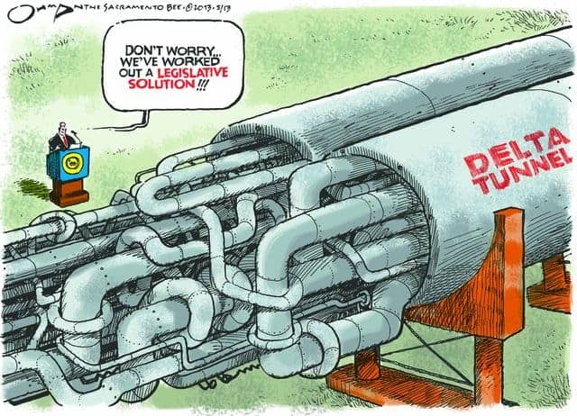 Delta-tunnel-legislative-solution-cartoon, Skepticism growing toward ‘twin tunnels’ project: Gov. Brown’s Bay Delta Conservation Plan in hot water, News & Views 