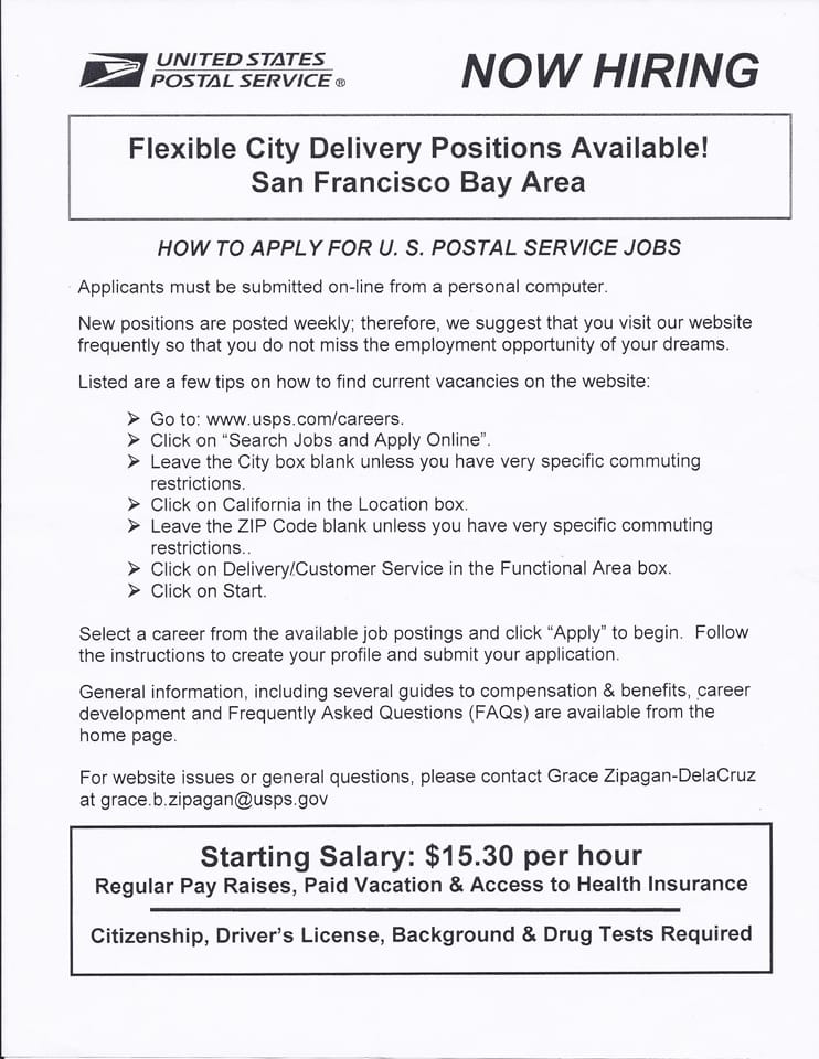 Post-Office-Jobs1, US Postal Service now hiring in SF Bay Area, $15.30 to start, Help Wanted 
