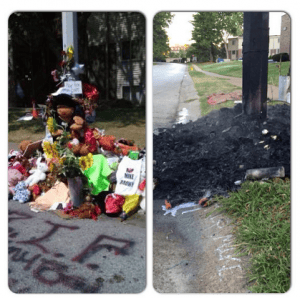 Michael-Brown-memorial-burned-before-after-092314-300x298, Fire destroys Michael Brown memorial, some residents cry arson, News & Views 