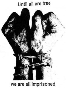 Until-all-are-free-we-are-all-imprisoned-Black-Brown-fists-barbed-wire-cuffed-228x300, ‘I contribute to peace,’ a pledge to end hostilities inside and out, Abolition Now! 