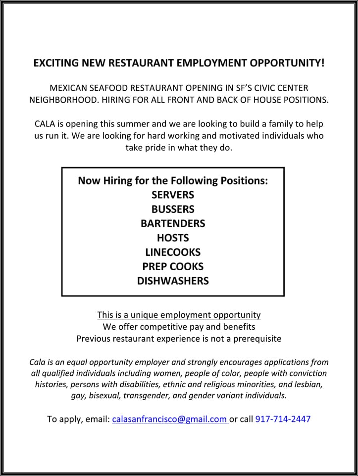 Cala-Restaurant-0506151, Mexican seafood restaurant in SF Civic Center hiring, including people with conviction history, Help Wanted 