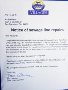 Villages-Notice-of-sewage-line-repairs-Treasure-Island-071015-by-Kathryn-Lundgren-225x300, Shit storm erupts in Treasure Island townhouse when sewer pipes break after Lennar’s vibro-compaction, Local News & Views 