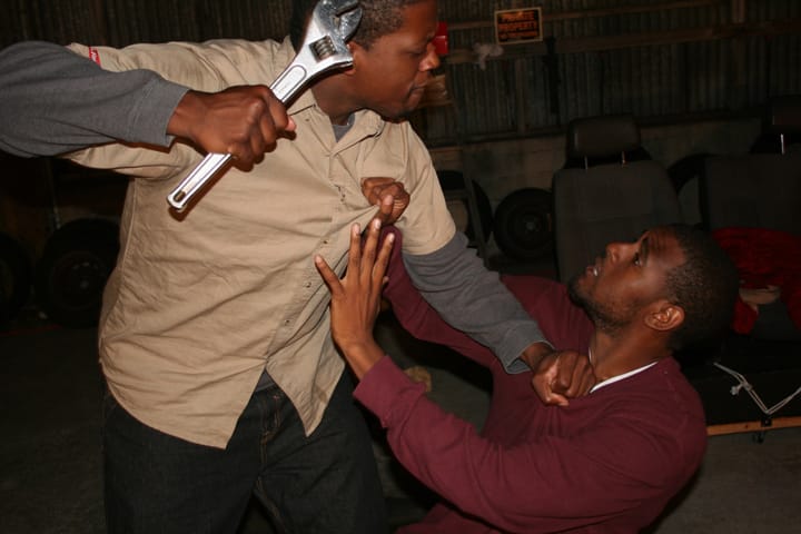 Ogun-threatens-Oshoosi-in-‘Brothers-Size’-0815, ‘The Brothers Size’ and ‘Grounded’ at Ubuntu Theater, Culture Currents 