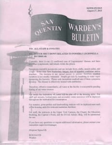 San-Quentin-Wardens-Bulletin-re-Legionella-water-shutdown-082715-232x300, Prisoners report on San Quentin health crisis: Legionella outbreak prompts water shutdown, Abolition Now! 