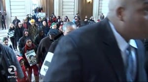 Mario-Woods-rally-protesters-pour-into-City-Hall-headed-to-Mayors-Office-122415-vid-by-KTVU-300x166, Justice for Mario Woods: Christmas Eve rally at SF City Hall demands Mayor Lee fire Chief Suhr, Local News & Views 