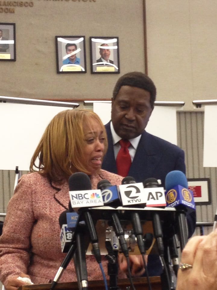 Mario-Woods’-mother-Gwen-Woods-w-atty-John-Burris-speaks-to-press-Southeast-121115-by-Kristin-Hanes-Twitter, Black-Brown solidarity today: Families of Mario Woods and Alex Nieto march to demand justice for slain victims of police terror, Local News & Views 