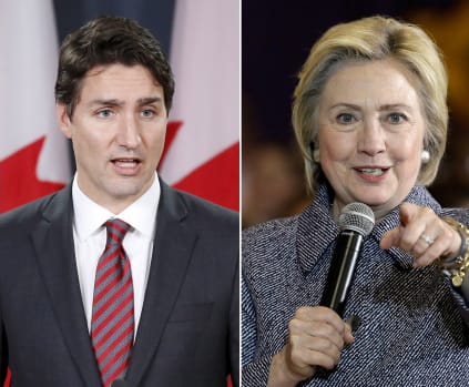 Canadian-Prime-Minister-Justin-Trudeau-and-U.S.-presidential-contender-Hillary-Clinton-by-AP, Movement to stop BDS against Israel championed by Hillary Clinton and Justin Trudeau, World News & Views 