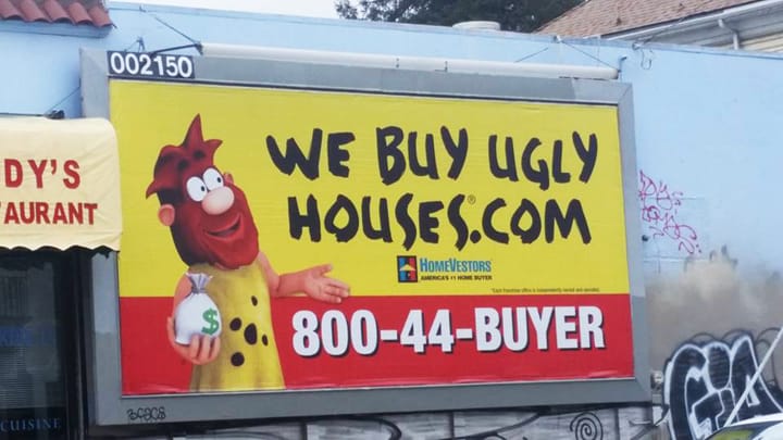 We-Buy-Ugly-Houses-billboard-in-East-Oakland-by-PNN, Displacement on BlackArthur, East Oakland, one business, one family, one elder at a time, Local News & Views 