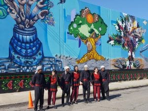 George-Jackson-in-the-Sun-of-Palestine-Silk-Road-Debke-Troupe-Oakland-Palestine-Solidarity-Mural-Oakland-051516-by-Greg-Thomas-web-300x225, Black Panthers and Diaspora Palestinians illuminate shared struggle on Nakba day, Culture Currents 