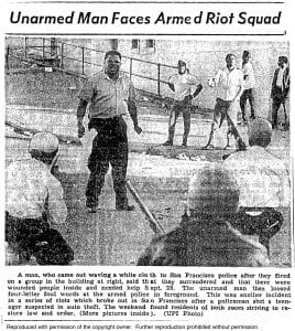 1966-Hunters-Point-Uprising-Unarmed-Man-Faces-Armed-Riot-Squad-092866-by-UPI-web-268x300, Breaking historical silence to heal from historical wounds: Remembering the 1966 Hunters Point Uprising, Local News & Views 