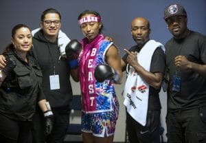 Raquel-Miller-team-Jayme-Mejia-cut-woman-Jairo-Escobar-trainer-Raquel-Miller-Coach-Basheer-Abdullah-King-Steven-Nelson-corner-man-0816-by-Malaika-web-300x208, Beacon of Light: Raquel Miller shines with a unanimous win in the first female boxing match on a ROC Nation fight card, Culture Currents 