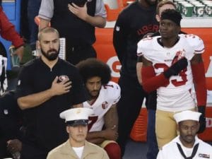 Colin-Kaepernick-kneels-natl-anthemSan-Diago-Chargers-game-090116-by-Chris-Carlson-AP-1-300x225, Colin Kaepernick, Rosa Parks, Muhammad Ali and Curt Flood, Culture Currents 