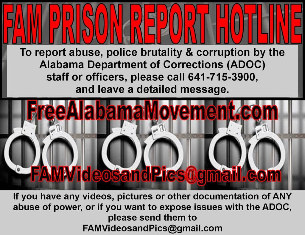 FAM-Prison-Report-Hotline-graphic-notice-0916, More guards quit Alabama’s Holman Prison as Justice Dept. prepares to investigate Alabama prisons, Behind Enemy Lines 