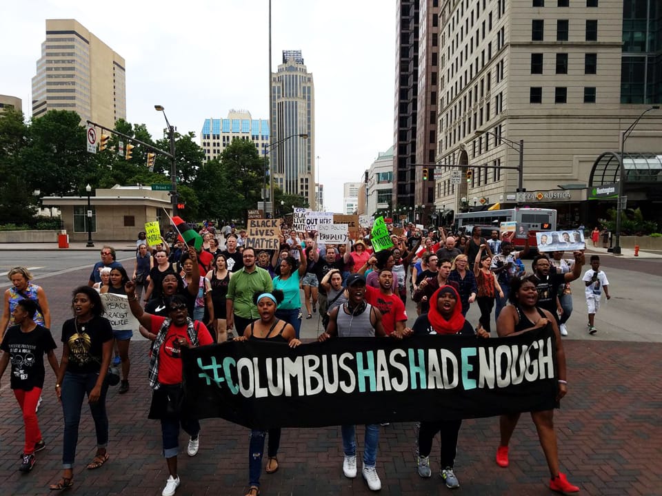 Black-Lives-Matter-SURJ-protest-march-for-Henry-Green-crowd-marching-072116-Columbus-Ohio, Dash cam footage reveals police targeting, intimidation of Black Lives Matter protester, News & Views 