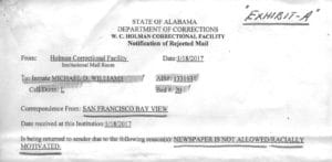 Michael-D.-Williams-Notification-of-Rejected-Mail-racially-motivated-Holman-Prison-011817-300x147, Alabama’s Holman Prison bans the Bay View for being ‘racially motivated,’ subscriber declares hunger strike, Abolition Now! 
