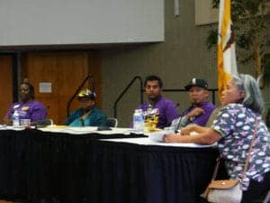 Living-Wage-Coalition-panelists-Stacey-Curtis-Vernell-Hawkins-Kevin-Prasad-Arnold-Paran-hear-homecare-provider-Marilyn-Tubao-Alex-Pitcher-Rm-062917-300x225, Low-wage workers push for fair wages at town hall in Bayview Hunters Point, Local News & Views 