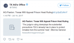 Texas-AG-Paxton-tweets-hell-appeal-heat-ruling-071917-300x175, Rising temperatures can kill Texas prisoners. Corrections ignored that, says federal judge, Abolition Now! 