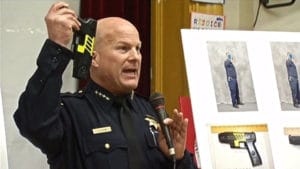 SFPD-Chief-Greg-Suhr-with-Taser-at-Alex-Nieto-murder-townhall-032514-300x169, Tasers kill, but not in San Francisco: Community, unified for 13 years, suffers setback at Police Commission, Local News & Views 