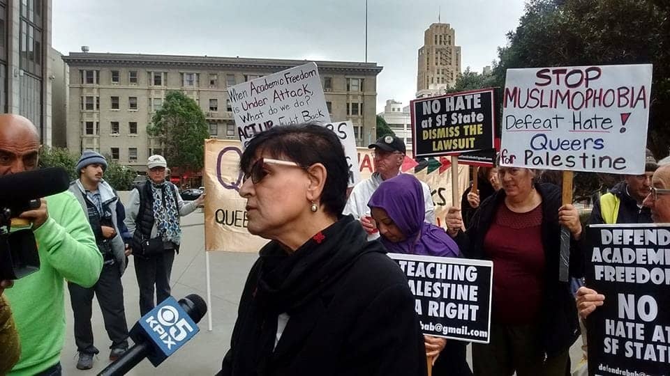 Dr.-Rabab-Abdulhadi-at-rally-for-academic-freedom-outside-SF-Fed-Bldg-110817-by-Kate-Jessica-Raphael, Victory for academic freedom: Judge dismisses Israel Lobby suit against SF State and Palestinian professor, Local News & Views 