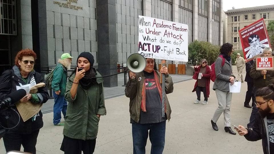 Lara-Kiswani-Arab-Resource-Organizing-Center-AROC-speaks-at-academic-freedom-rally-SF-Fed-Bldg-110817-by-Kate-Jessica-Raphael, Victory for academic freedom: Judge dismisses Israel Lobby suit against SF State and Palestinian professor, Local News & Views 