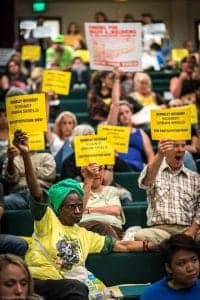 Berkeley-Urban-Shield-Council-vote-angry-Black-woman-in-crowd-062017-by-Brooke-Anderson-1-200x300, Victory over military cop convention, Local News & Views 