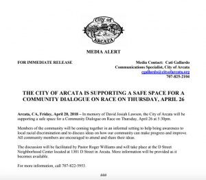 City-of-Arcata-Community-Dialogue-on-Race-press-release-300x262, Eureka NAACP to HSU: Cease recruitment in minority-majority neighborhoods until substantial support is implemented, News & Views 