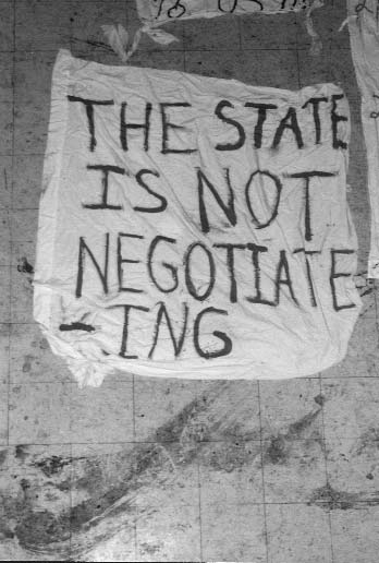 Lucasville-prison-uprising-sheet-sign-The-state-is-not-negotiating-0493, Lucasville Rebellion, longest prison ‘riot’ in history, began 25 years ago, on April 11, 1993, Abolition Now! 