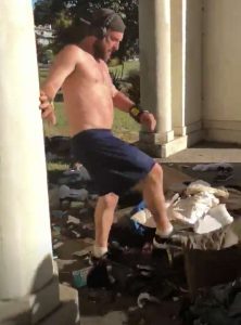 Jogger-Joe-Henry-Sintay-dismantles-Drew’s-camp-before-throwing-his-belongings-into-Lake-Merritt-0618-screenshot-by-JJ-Harris-222x300, Expand local hate crime laws to protect the homeless, Local News & Views 