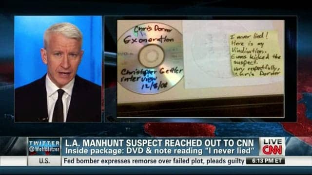 Anderson-Cooper-CD-note-I-never-lied-mailed-by-Christopher-Dorner-020713-by-CNN, Cop-on-cop crime in LA: American blowback, News & Views 