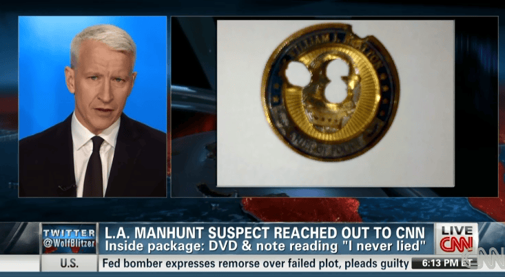 Anderson-Cooper-bullet-ridden-William-Bratton-coin-mailed-by-Christopher-Dorner-020713-by-CNN, Cop-on-cop crime in LA: American blowback, News & Views 